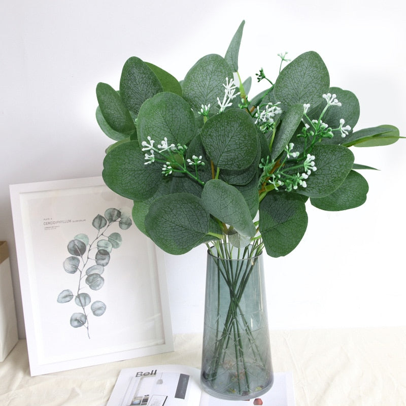 5pcs Artificial Plants Green Eucalyptus Leaves DIY Bridal Bouquet Fake Flowers For Home Garden Party Wedding Flower Decorations
