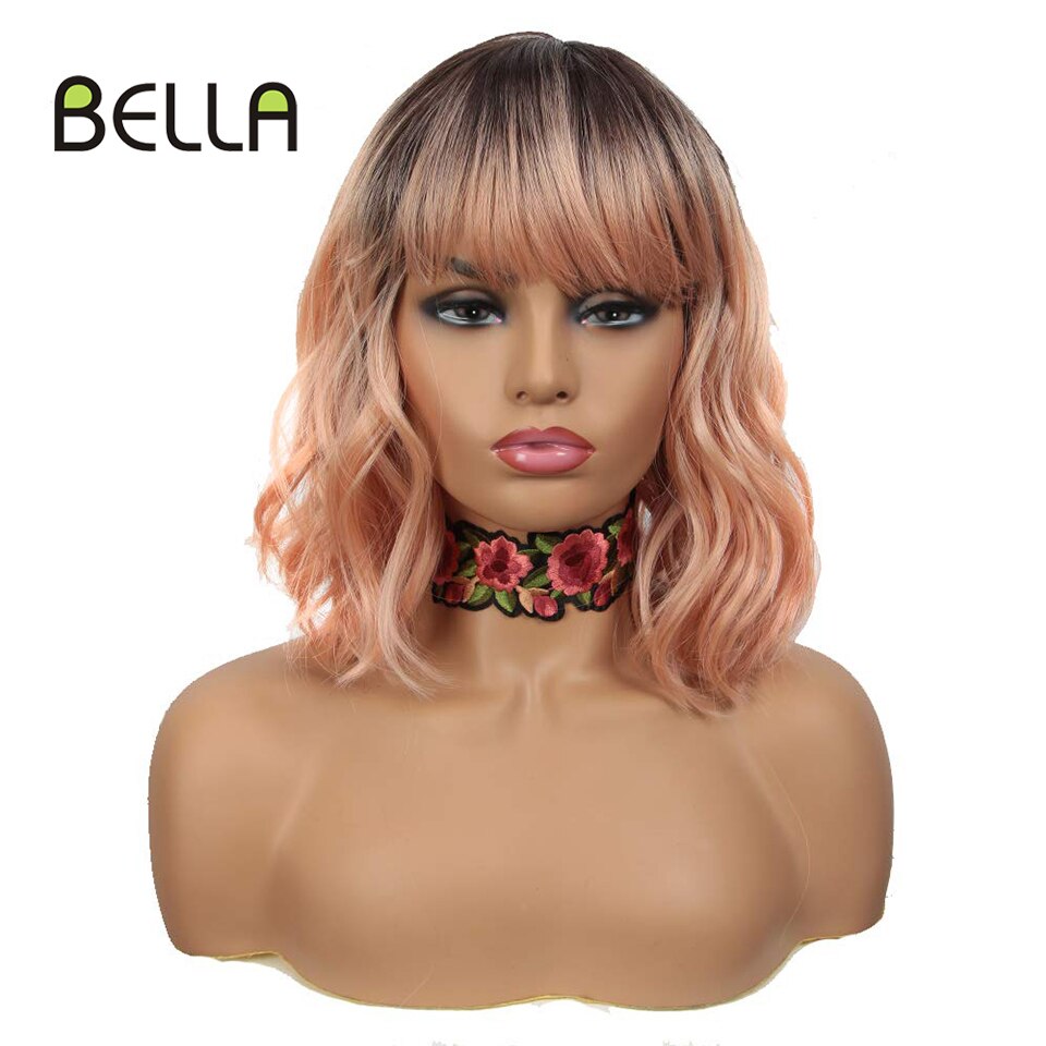 Bella Bob Wig Short Synthetic Wig 12 Inch Omber Blue Hair Curly Bob Wig Heat Resistant Wig With Bangs Cosplay Wig
