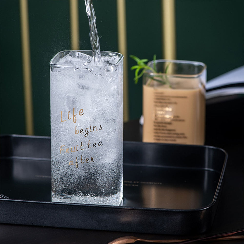 Creative Square Glass Mug Gold Letter Printing Breakfast Milk Coffee Cup Crystal Transparent Heat-resistant Home Drinkware