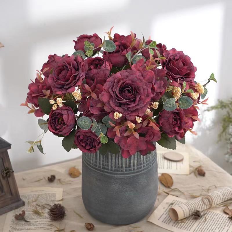 Artificial Flowers Retro Silk Rose Bouquet Hydrangea Peony Vintage Bride Holding Fake Flower Home Wedding Decoration