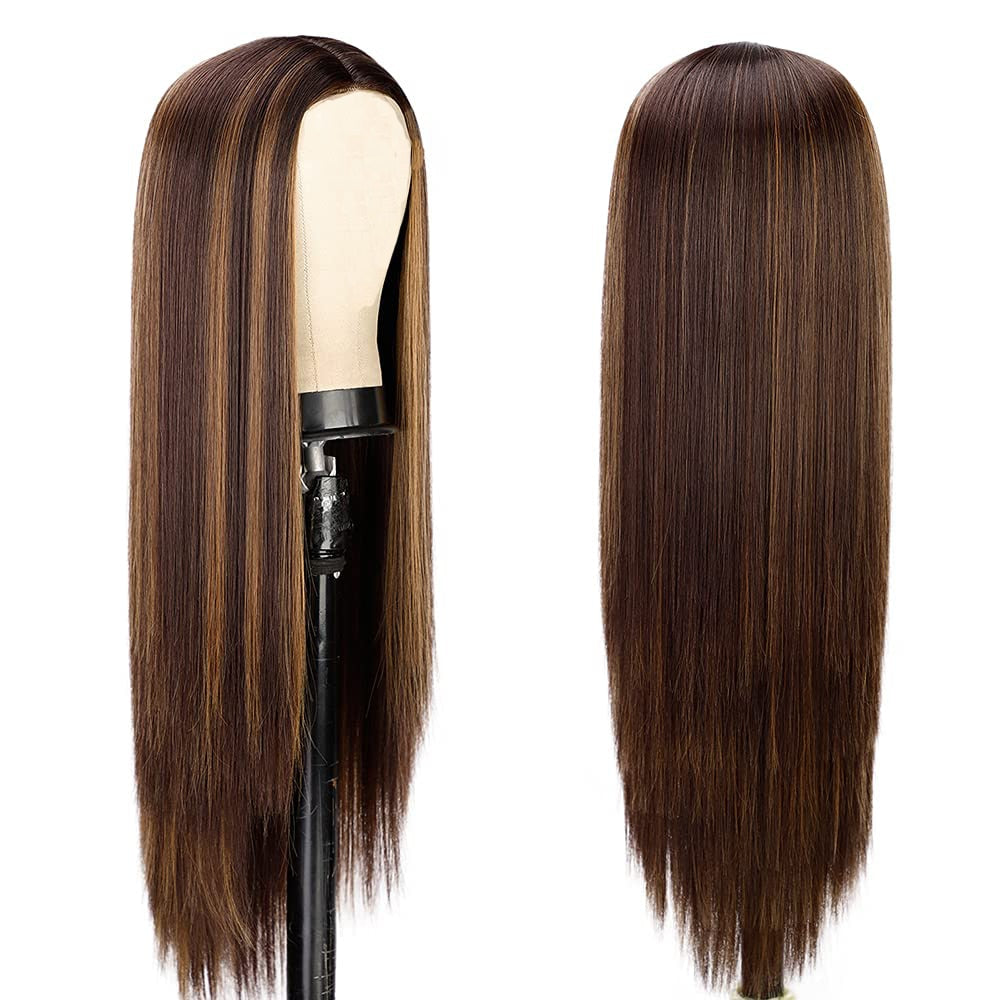 26 Inch Long Straight High Gloss Hair Gradient Color Synthetic Wig Golden Brown Ladies Wine Red Cosplay Wig