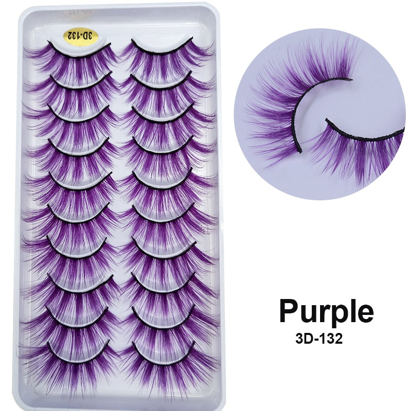 10Pairs/Lot Rainbow Colorful Mink False Eyelashes White Bulk Red Purple Blue Colors Fake Lashes for Dolls Cosplay