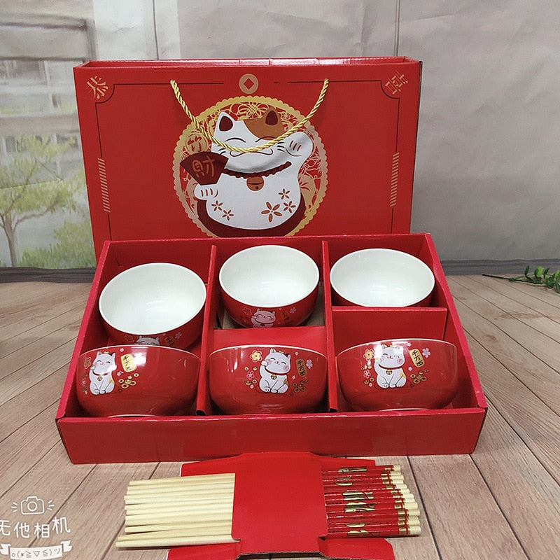 Ceramic Tableware Lucky Cat Set Blue and White Porcelain Bowl Gift Box