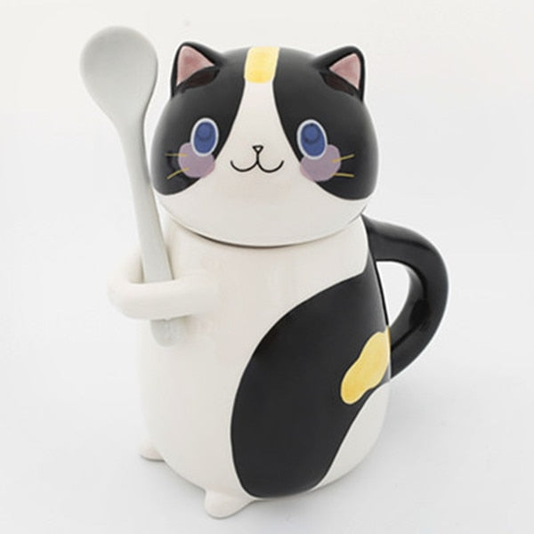 Cute Cat Ceramics Coffee Mug With Spoon Creative Hand Painted Drinkware Milk Tea Cups Gifts