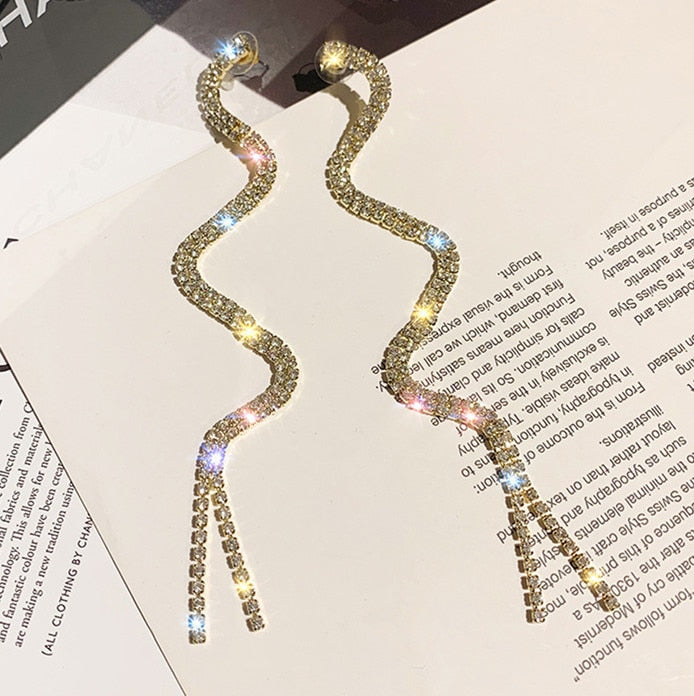 Long Tassel Crystal Drop Earring Shiny Gold Silver Color S Shape Rhinestone Dangle Earring for Women Wedding Party Jewelry