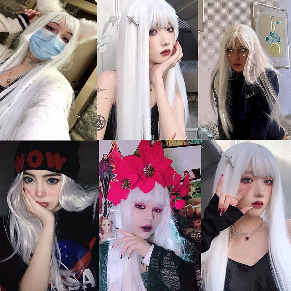 26 Inch Long Straight With Bangs White Wig Cosplay Red Green Lolita Ladies Anime High Temperature Fiber Synthetic Wig