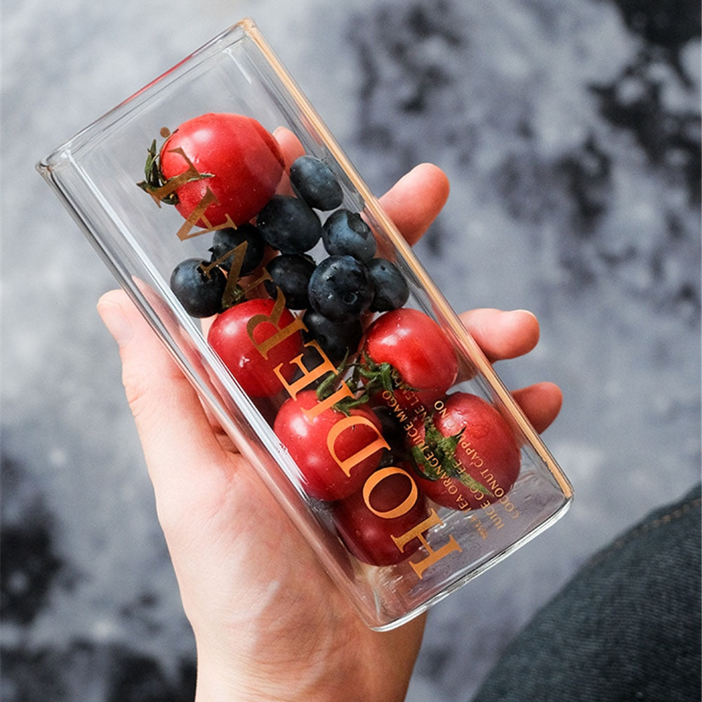 Creative Square Glass Mug Gold Letter Printing Breakfast Milk Coffee Cup Crystal Transparent Heat-resistant Home Drinkware