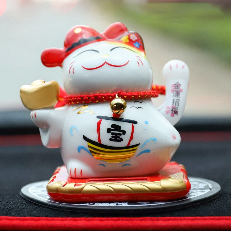 Ceramic Lucky Cat Solar Powered Maneki Neko Waving Arm Beckoning Fortune Welcoming Cat with Car Mat Desktop Decor Charm Gift