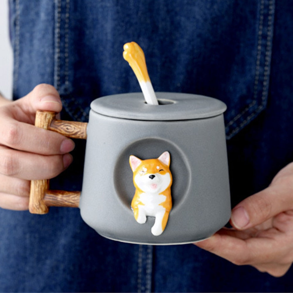 Cartoon ceramic cup creative mug with lid spoon Three-dimensional dog home drinking cup coffee milk juice breakfast cup