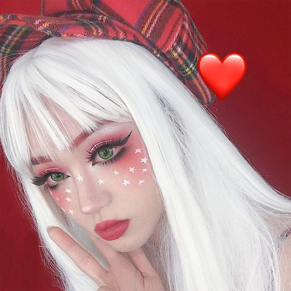 26 Inch Long Straight With Bangs White Wig Cosplay Red Green Lolita Ladies Anime High Temperature Fiber Synthetic Wig