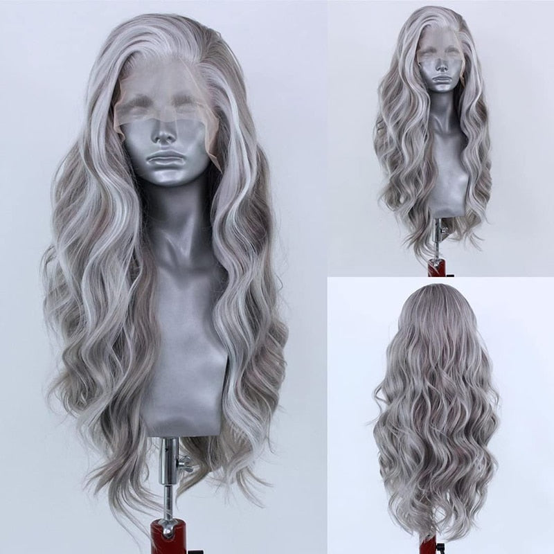 Synthetic Lace Front Wig Highlight Silver Grey Mix Color Wigs Women Daily Use Cosplay Wig