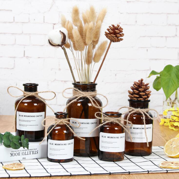 48h Glass Vase Flower Pot Flower Basket Flower Vase Decoration Home Nordic Decoration Dried Flower Hydroponic Small Brown Bottle