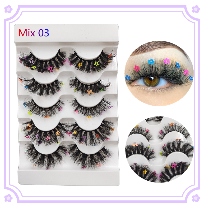 5 Pairs Red Green Yellow Pink Colored Eyelashes for Wholesale Colorful Faux Lashes in Bulk with butterfly and flowers ombre