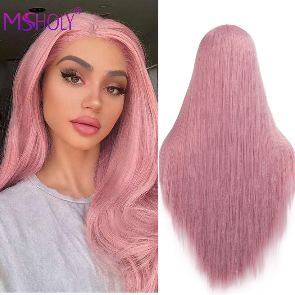 Pink Long Straight Wig Synthetic Ombre Hair Wigs Black White Pink Purple Blue Red Blonde Cosplay Wig Msholy