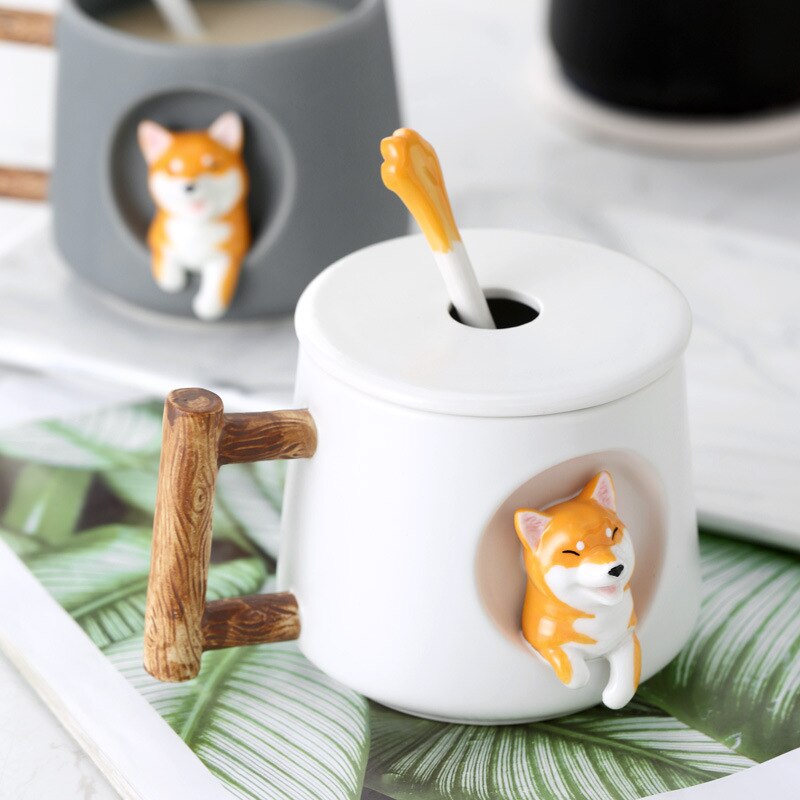 Cartoon ceramic cup creative mug with lid spoon Three-dimensional dog home drinking cup coffee milk juice breakfast cup