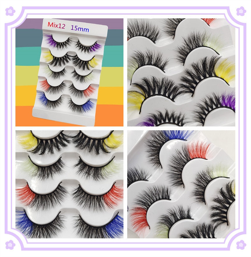 5 Pairs Red Green Yellow Pink Colored Eyelashes for Wholesale Colorful Faux Lashes in Bulk with butterfly and flowers ombre
