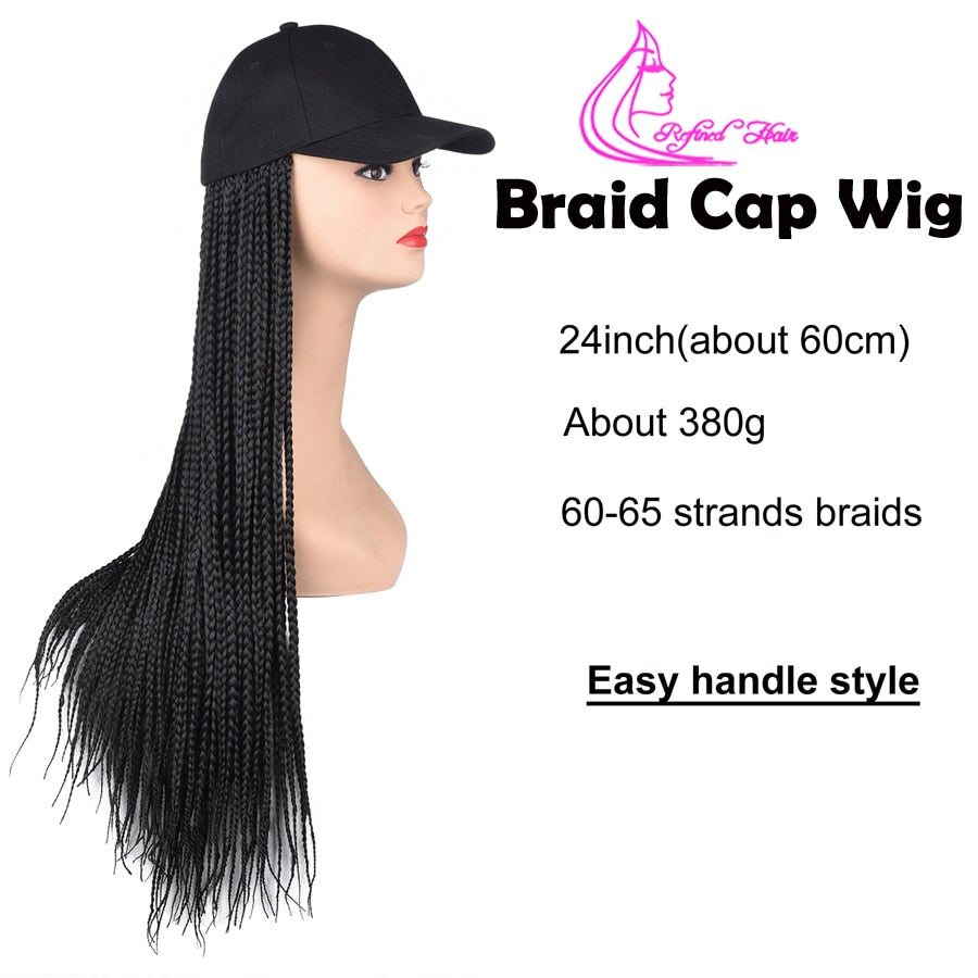 Box Braids Baseball Cap Wig 24inch Long Synthetic Braid Wigs Hat with Braiding Hair Extensions Adjustable Size