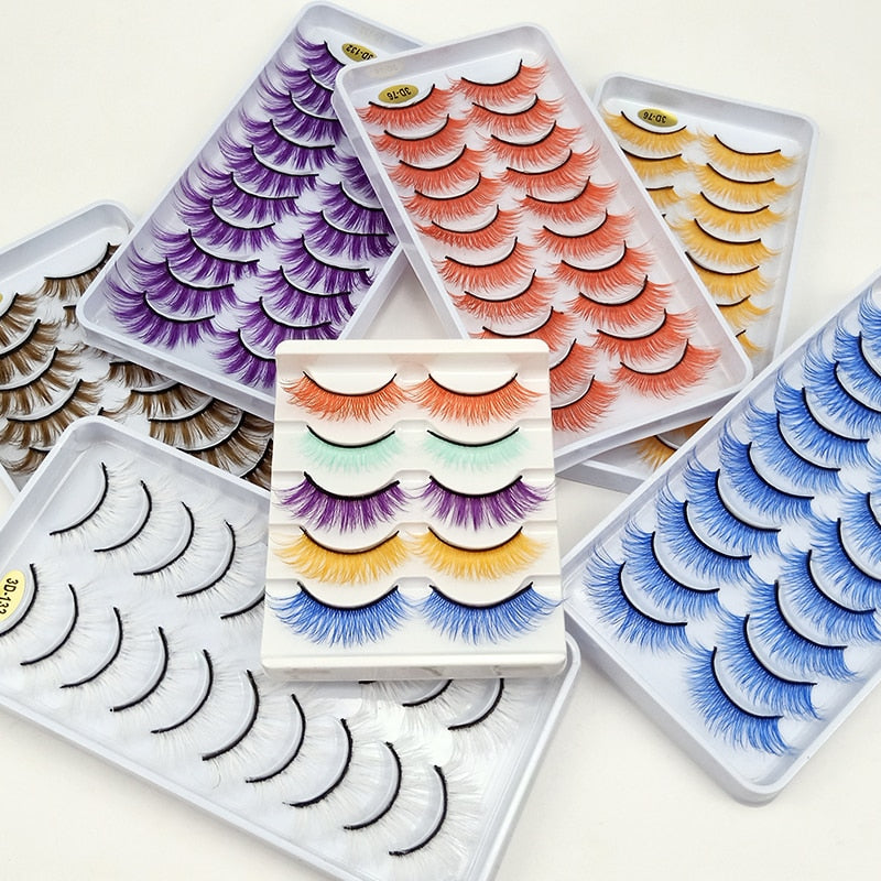 10Pairs/Lot Rainbow Colorful Mink False Eyelashes White Bulk Red Purple Blue Colors Fake Lashes for Dolls Cosplay