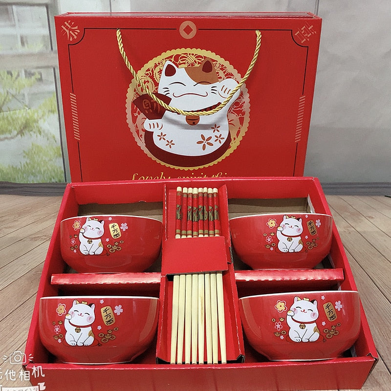 Ceramic Tableware Lucky Cat Set Blue and White Porcelain Bowl Gift Box