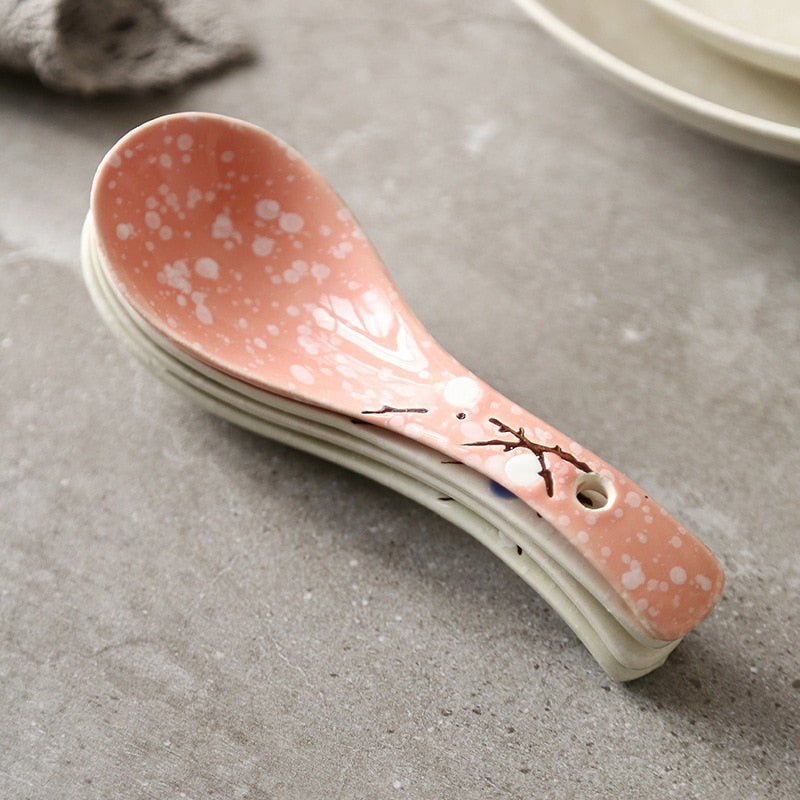 Japanese Ceramic Spoon Handpainting Porcelain Soup Spoon Kitchen Cooking Utensil Tool Tableware