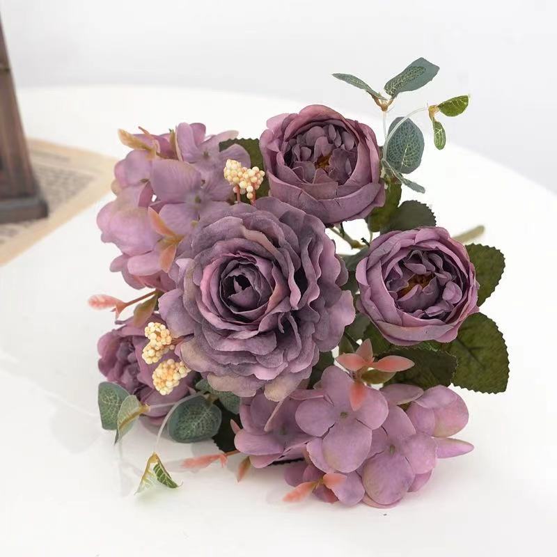 Artificial Flowers Retro Silk Rose Bouquet Hydrangea Peony Vintage Bride Holding Fake Flower Home Wedding Decoration