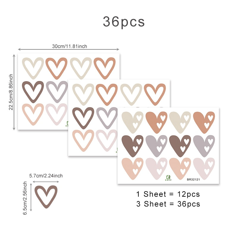 36pcs Heart Shape Boho Style Wall Stickers Bohemian Wall Decals for Living Room Bedroom Nursery Kids Room Home Decor