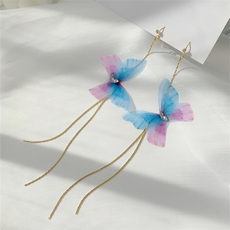 Long Tassel Transparent Yarn Blue Purple Butterfly Earring Drop Earring For Women Girl Party Hot Jewelry