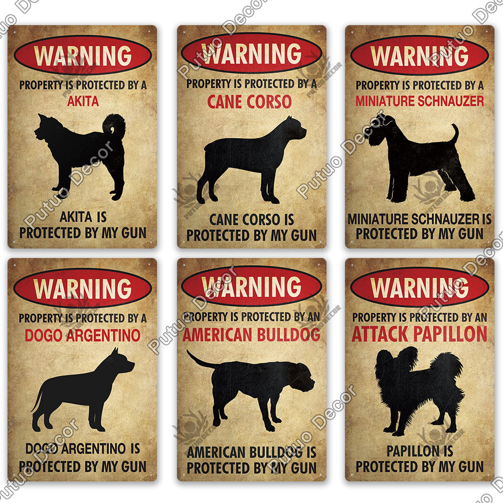 Putuo Decor Dog Warning Vintage Tin Sign Metal Sign Lover Protected Pet Sign Wall Decor Farm Home Kennel Doghouse Decoration