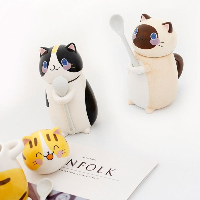 Cute Cat Ceramics Coffee Mug With Spoon Creative Hand Painted Drinkware Milk Tea Cups Gifts