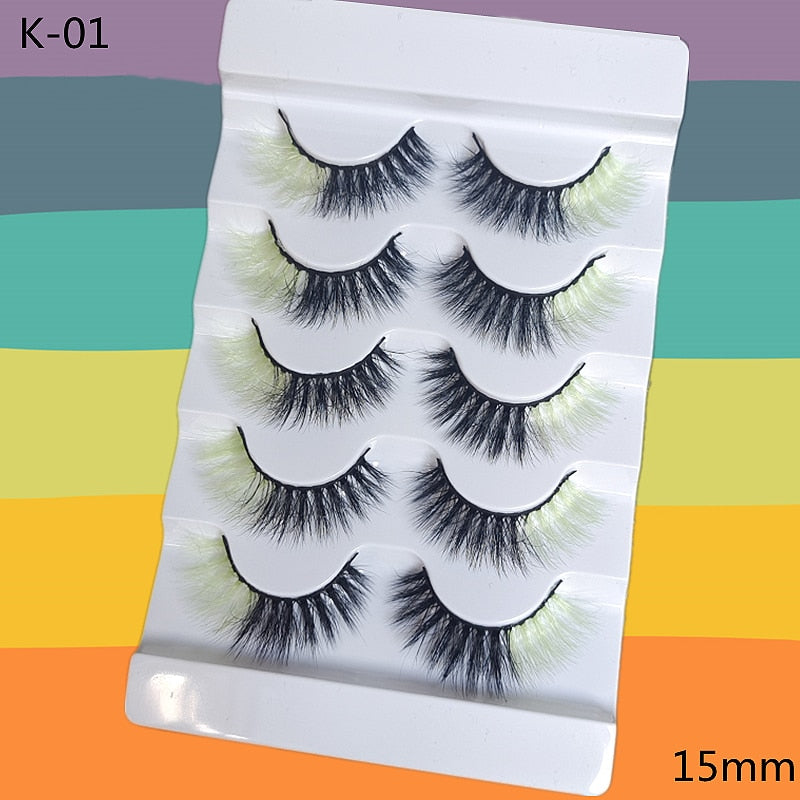 5 Pairs Red Green Yellow Pink Colored Eyelashes for Wholesale Colorful Faux Lashes in Bulk with butterfly and flowers ombre