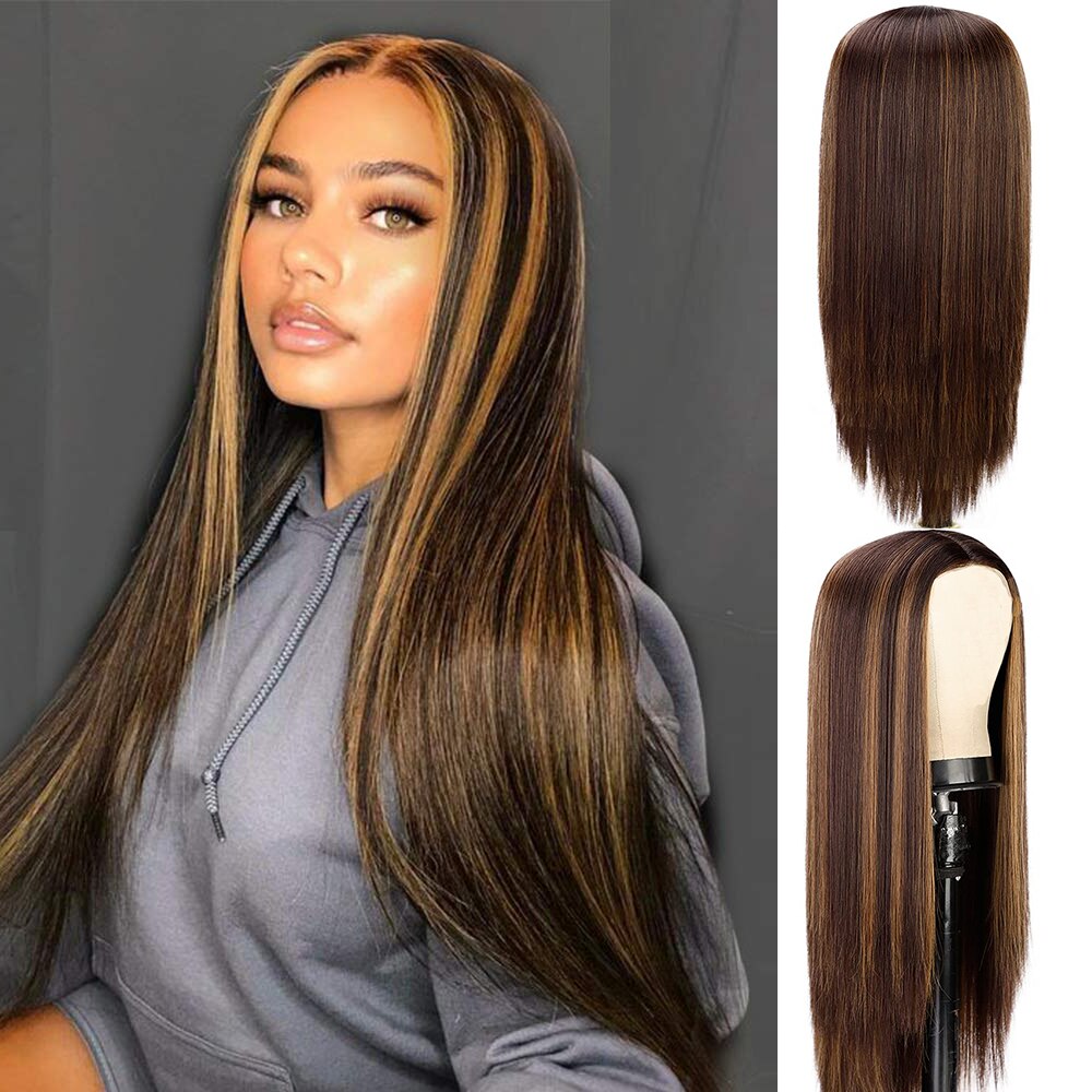 26 Inch Long Straight High Gloss Hair Gradient Color Synthetic Wig Golden Brown Ladies Wine Red Cosplay Wig