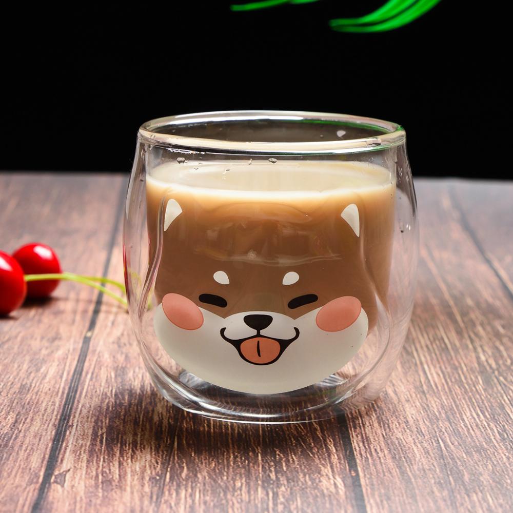 Shiba Inu Cup Heat-resistant Double Glass of Borosilicate Green Breakfast Milk Cup 220ml