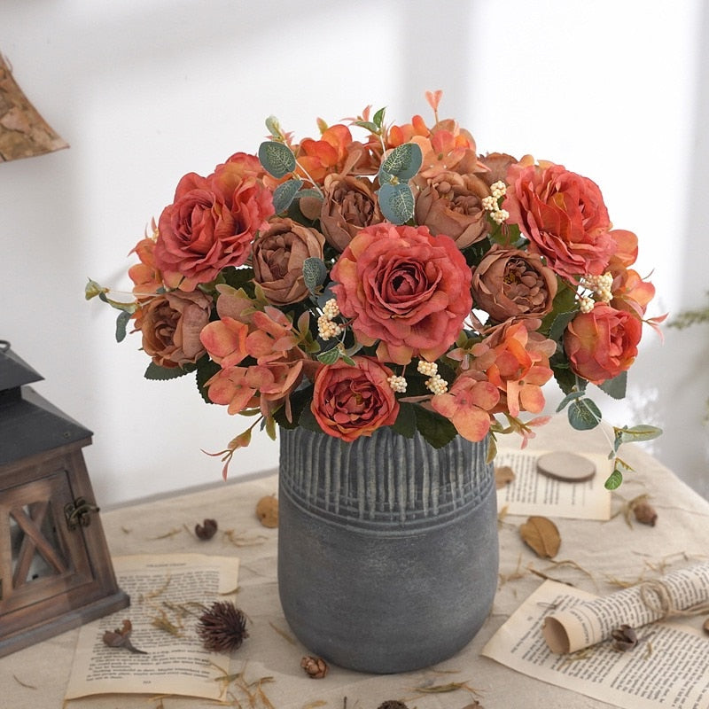 Artificial Flowers Retro Silk Rose Bouquet Hydrangea Peony Vintage Bride Holding Fake Flower Home Wedding Decoration