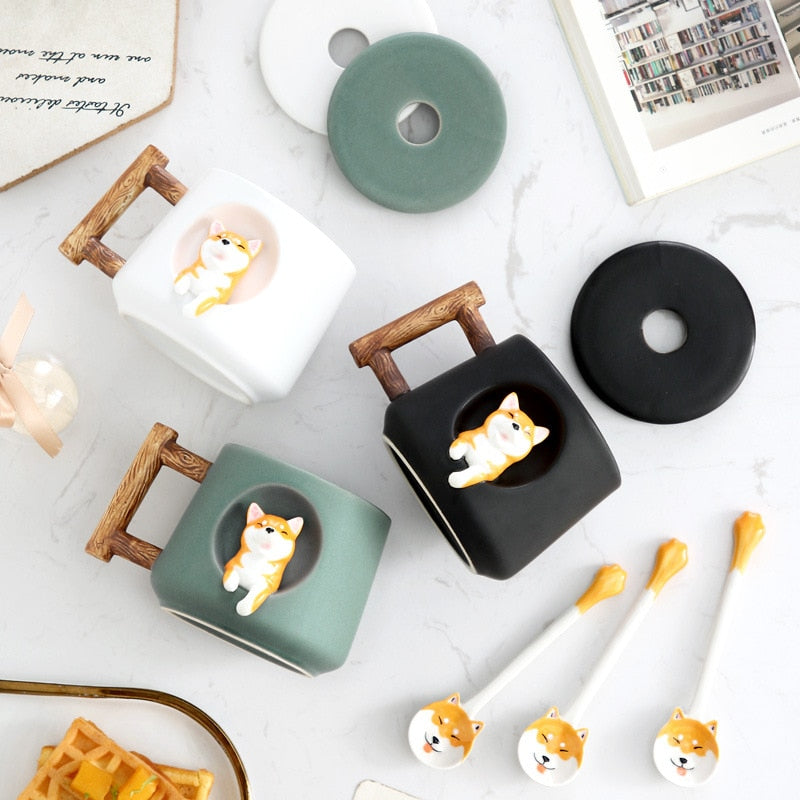 Cartoon ceramic cup creative mug with lid spoon Three-dimensional dog home drinking cup coffee milk juice breakfast cup