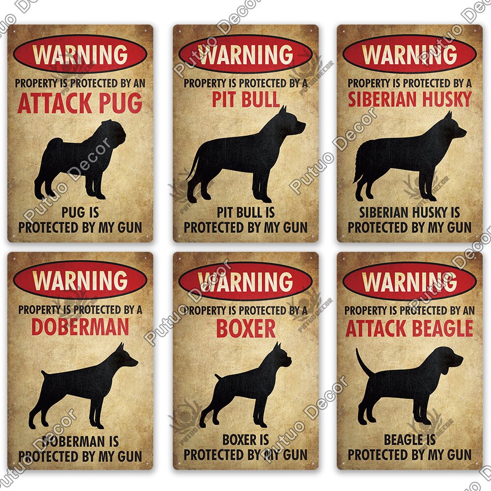 Putuo Decor Dog Warning Vintage Tin Sign Metal Sign Lover Protected Pet Sign Wall Decor Farm Home Kennel Doghouse Decoration