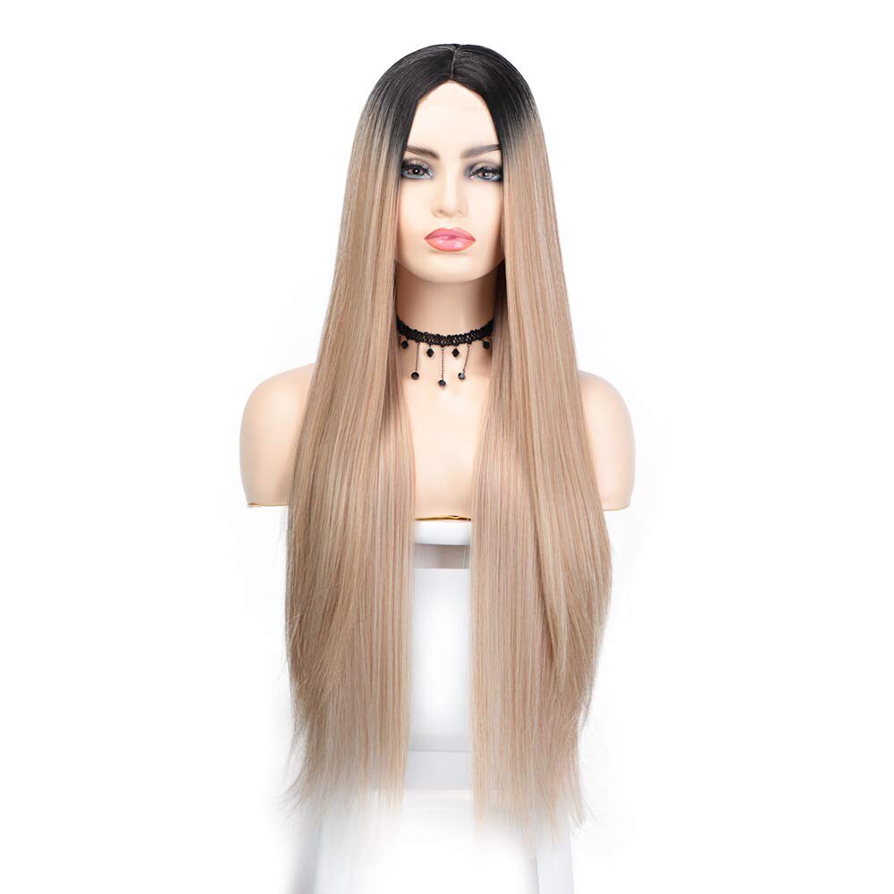 26 Inch Long Straight High Gloss Hair Gradient Color Synthetic Wig Golden Brown Ladies Wine Red Cosplay Wig