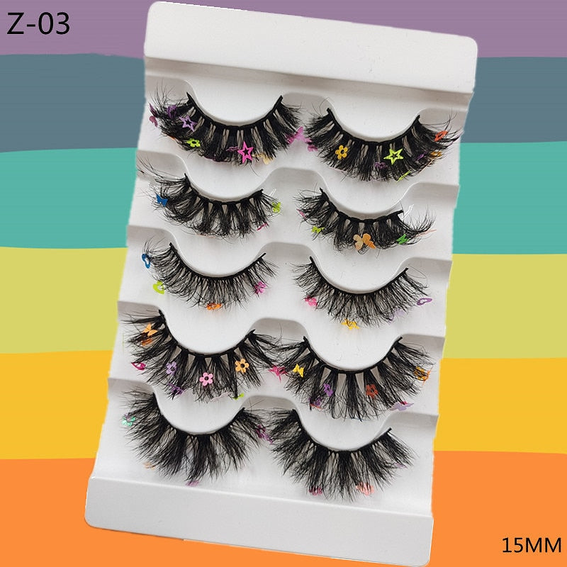 5 Pairs Red Green Yellow Pink Colored Eyelashes for Wholesale Colorful Faux Lashes in Bulk with butterfly and flowers ombre