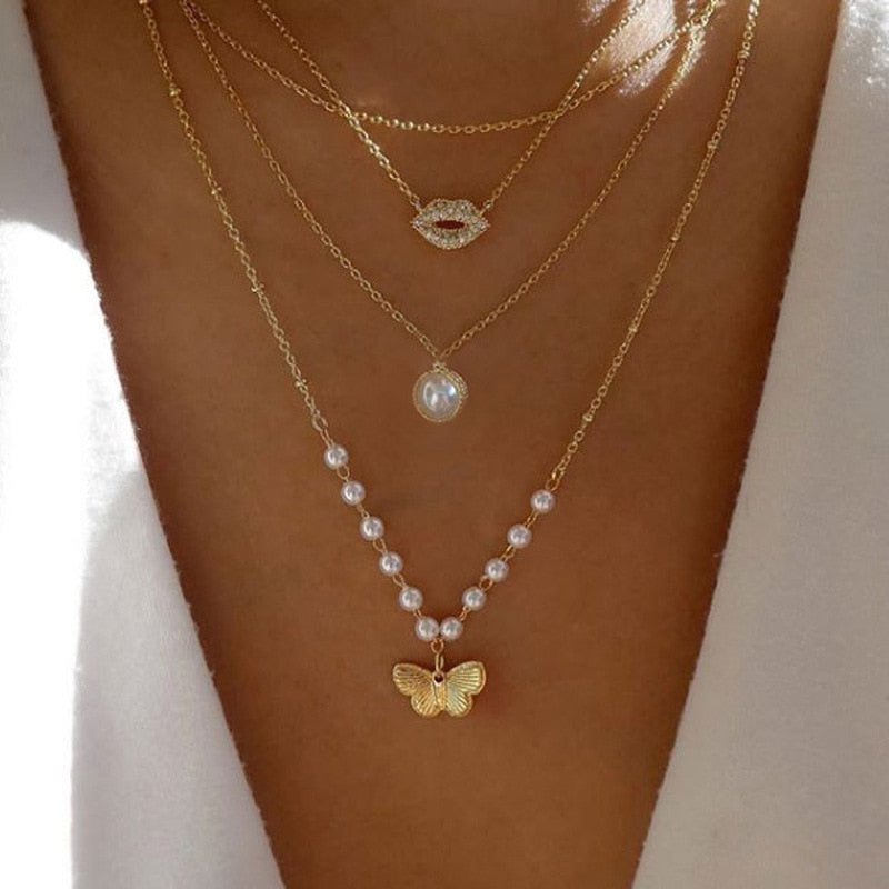 Vintage Multilayer Butterfly Pearl Necklace For Women Gold Color Sun Star Pearl Choker Necklaces Jewelry Gift