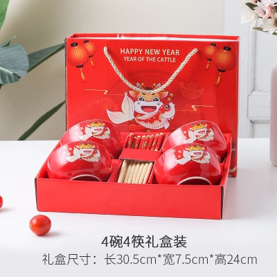 Ceramic Tableware Lucky Cat Set Blue and White Porcelain Bowl Gift Box