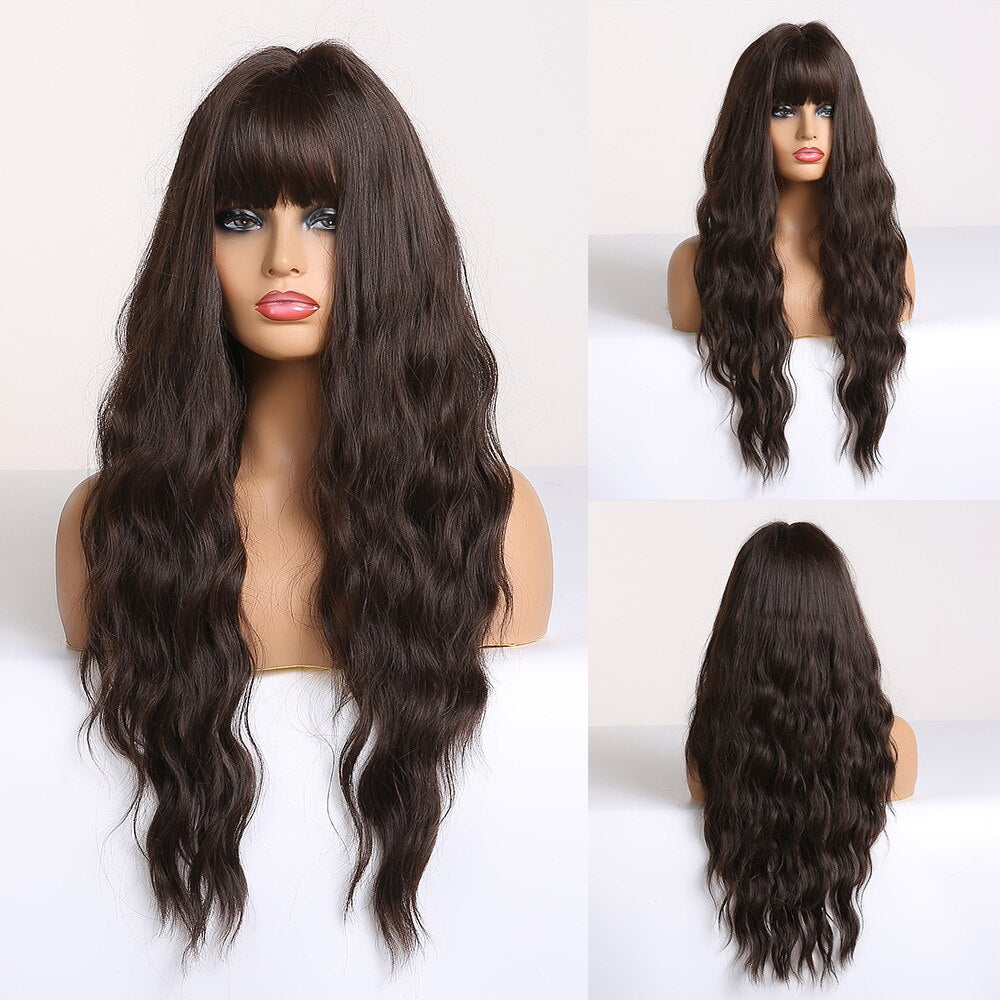 Synthetic Long Wavy Dark Brown Golden Highlight Wig Cosplay Wig with Bangs Heat Resistant