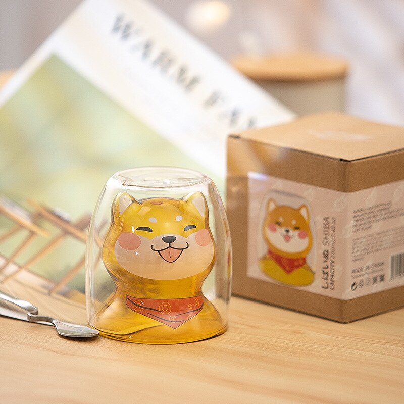 Shiba Inu Cup Heat-resistant Double Glass of Borosilicate Green Breakfast Milk Cup 220ml