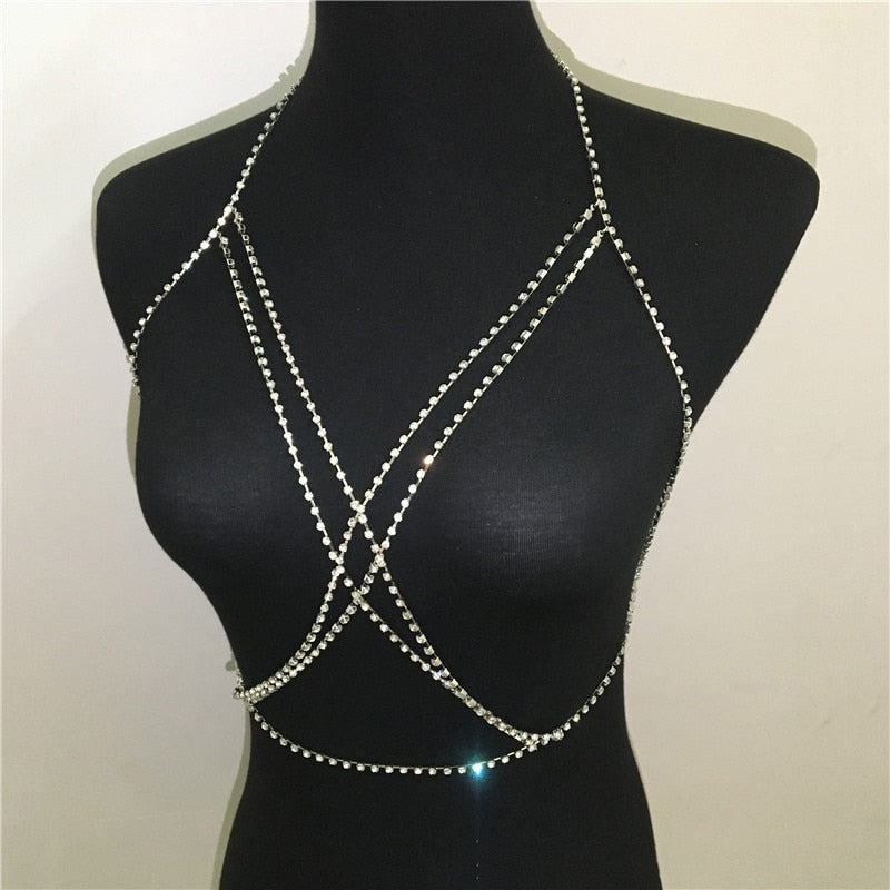 Shining Rhinestones Chest Cross Body Chain Boho Multi Layers Chest Chain Harness Body Jewellery Jewelry Crystal Chest