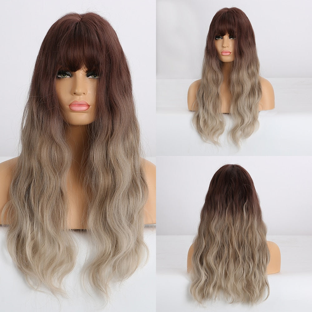 Synthetic Long Wavy Dark Brown Golden Highlight Wig Cosplay Wig with Bangs Heat Resistant