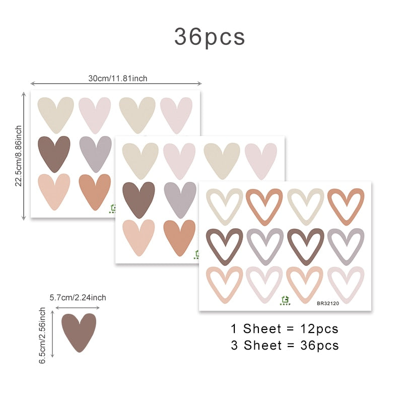 36pcs Heart Shape Boho Style Wall Stickers Bohemian Wall Decals for Living Room Bedroom Nursery Kids Room Home Decor