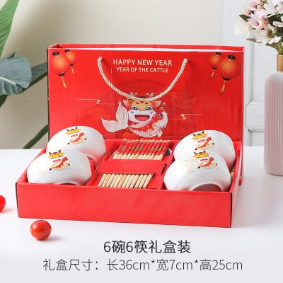Ceramic Tableware Lucky Cat Set Blue and White Porcelain Bowl Gift Box