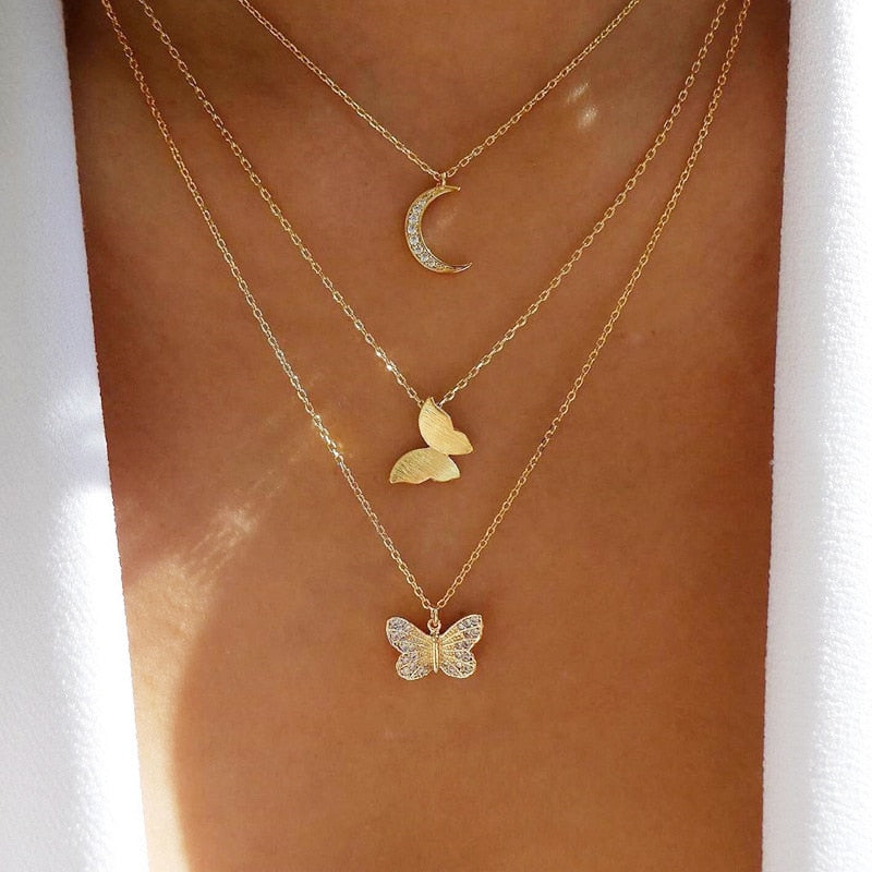 Vintage Multilayer Butterfly Pearl Necklace For Women Gold Color Sun Star Pearl Choker Necklaces Jewelry Gift