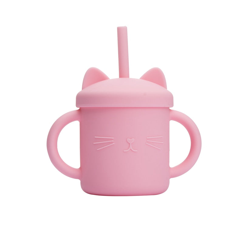 1PCS Baby Feeding Cups Silicone Drinkware Cute Cartoon Cat Sippy Cup For Toddlers Kids Sippy Cup Lids Solid With Handle Drinker
