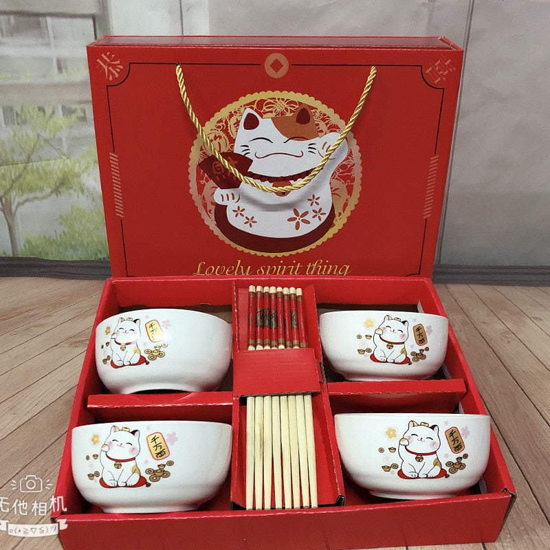 Ceramic Tableware Lucky Cat Set Blue and White Porcelain Bowl Gift Box