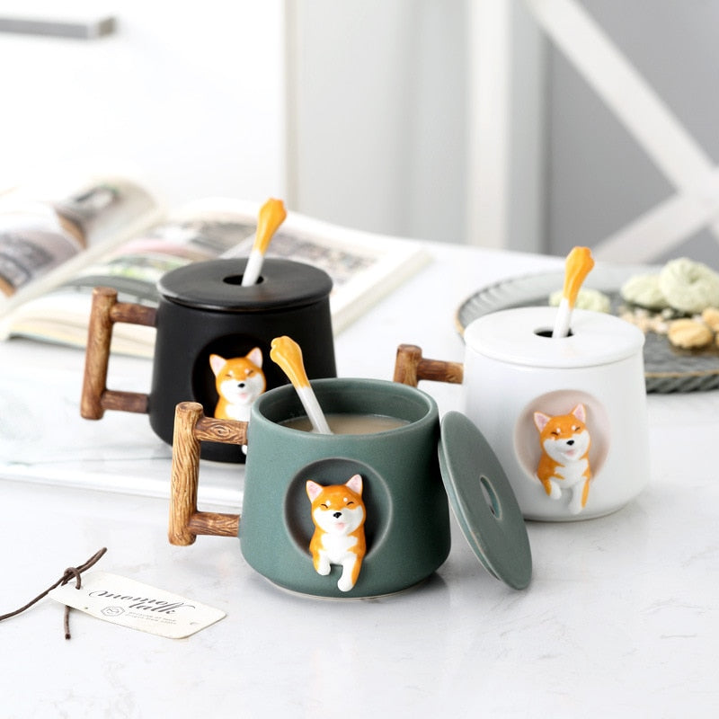 Cartoon ceramic cup creative mug with lid spoon Three-dimensional dog home drinking cup coffee milk juice breakfast cup