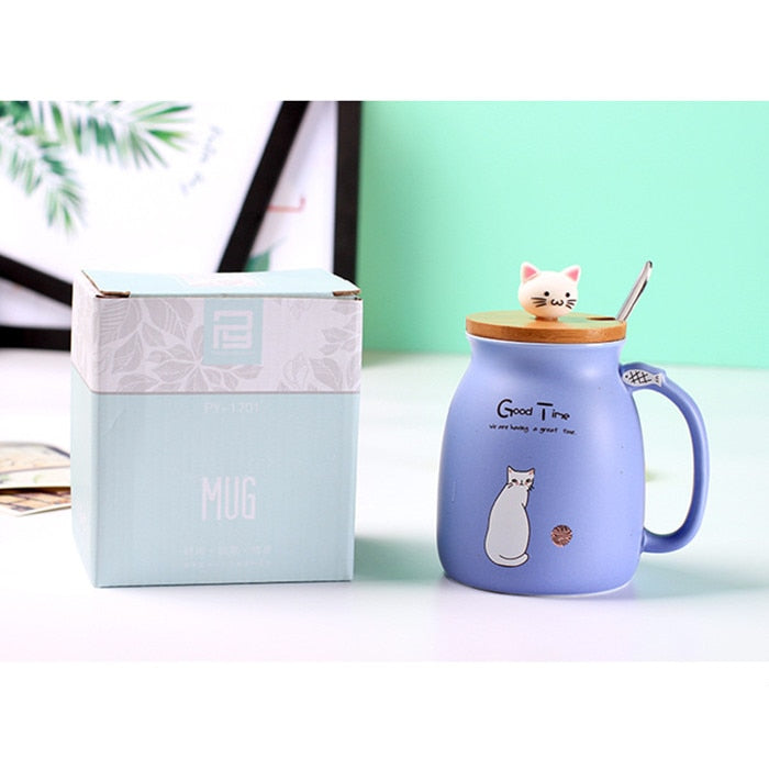 450ml Cartoon Ceramics Cat Mug With Lid and Spoon Coffee Milk Tea Mugs Breakfast Cup Drinkware Gifts